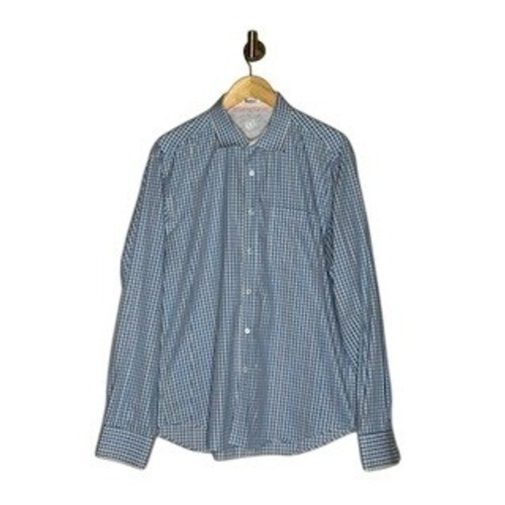 Bugatchi Blue Micro Check Dress Shirt Men's‎ Large Shaped Fit